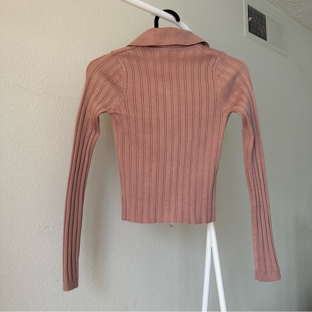 Knit Collared Ribbed Sweater Zip Crop Cardigan - Picture 3 of 3